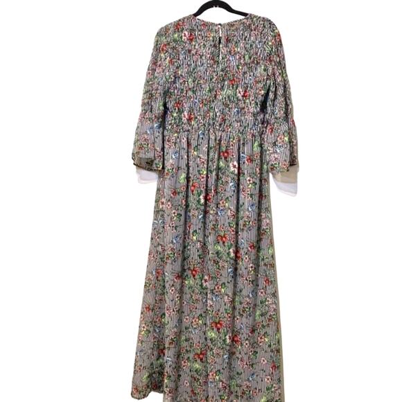 ECI Smocked Sheer Floral Striped Printed Three Quarter Sleeve Maxi Dress Large - Picture 3 of 9